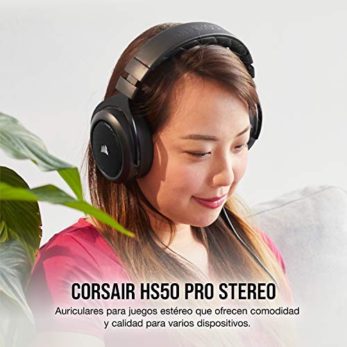 Corsair HS50 Pro Stereo Auriculares para Juegos (Ajustables Espuma viscoelástica Almohadillas, Ancelación del Ruido extraíble micrófono, Compatible con PC, PS4, Xbox One, Switch y móviles), Negro