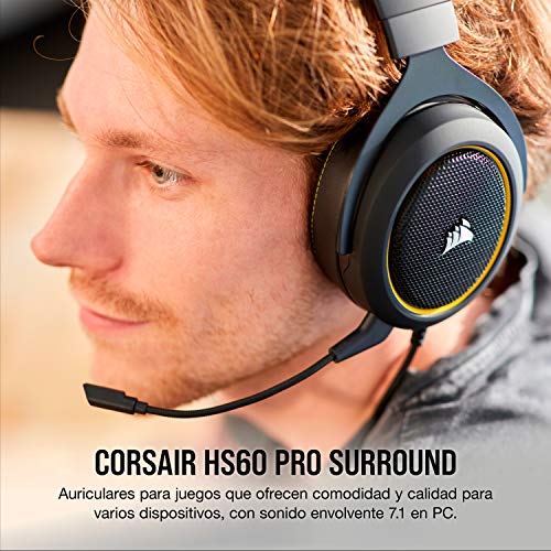 Corsair HS60 PRO Surround Auriculares para Juegos (7.1 Sonido envolvente, Espuma viscoelástica almohadillas, Unidireccional micrófono, Compatible con PC, PS4, Xbox One, Switch y móviles), Amarillo
