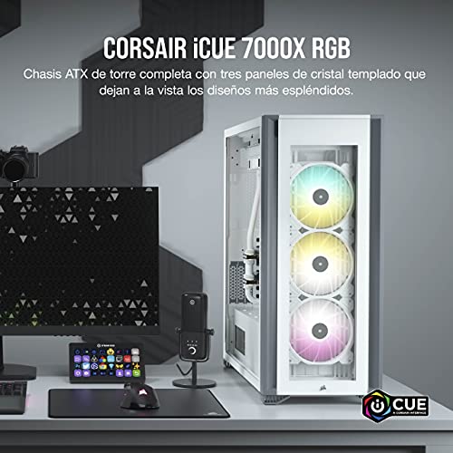 Corsair iCUE 7000X RGB Chasis para PC Inteligente ATX Full-Tower, Tres Paneles de Cristal Templado, Cuatro Ventiladores RGB de 140 mm Incluidos, Espacioso Interior, Blanco