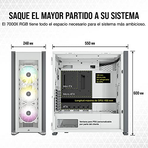 Corsair iCUE 7000X RGB Chasis para PC Inteligente ATX Full-Tower, Tres Paneles de Cristal Templado, Cuatro Ventiladores RGB de 140 mm Incluidos, Espacioso Interior, Blanco
