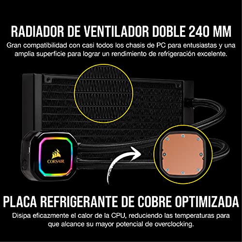 Corsair iCUE H100i RGB PRO XT Refrigerador Líquido para CPU, Radiador de 240 mm, Dos Ventiladores Corsair ML PWM de 120 mm, 400 - 2400 RPM, Cabezal de Bombeo RGB Dinámico y Multizona, Negro