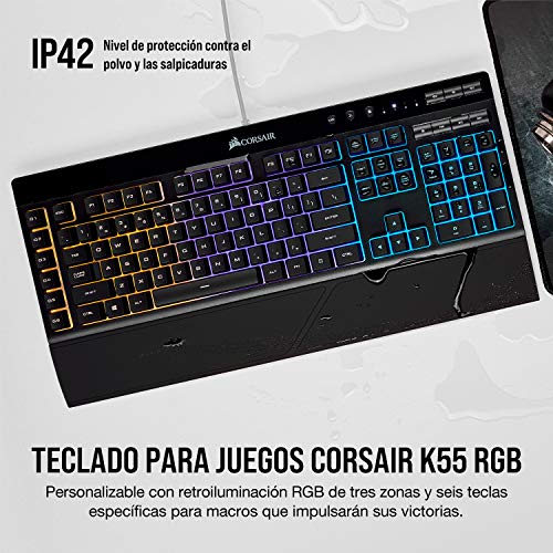 Corsair K55 RGB Teclado para Juegos con Teclas de Membrana, Retroiluminación RGB Dinámica, 6 Teclas Macro con Integración el Software Elgato, Resistencia al Polvo y los Derrames, QWERTY, Negro