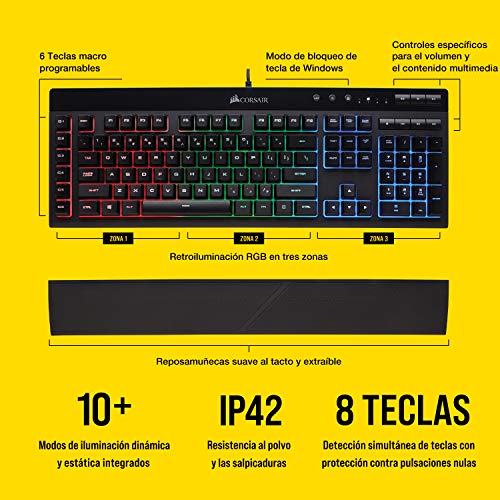 Corsair K55 RGB Teclado para Juegos con Teclas de Membrana, Retroiluminación RGB Dinámica, 6 Teclas Macro con Integración el Software Elgato, Resistencia al Polvo y los Derrames, QWERTY, Negro