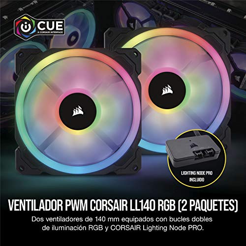 Corsair LL140 RGB Ventilador de PC (140 mm, Doble Halo RGB LED PWM) con Lighting Node PRO, paquete de 2 piezas