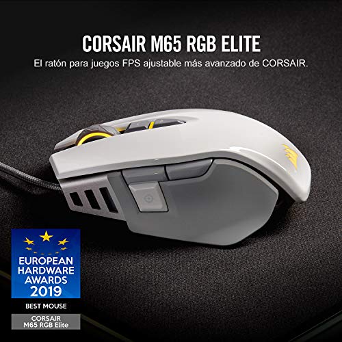 Corsair M65 Elite RGB Óptico FPS - Ratón para juegos (18 000 PPP Óptico Sensor, Retroiluminación RGB LED, sistema de peso ajustable), color Blanco