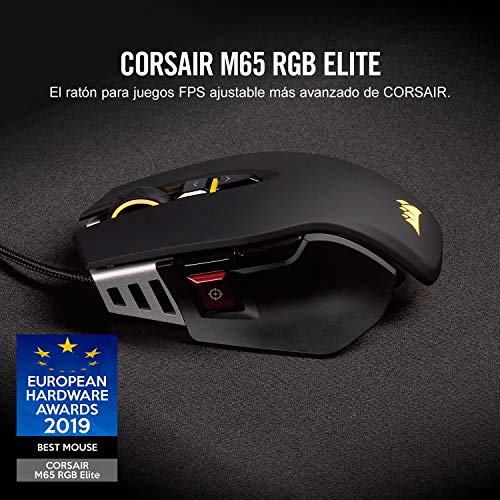 Corsair M65 Elite RGB Óptico FPS - Ratón para juegos (18 000 PPP Óptico Sensor, Retroiluminación RGB LED, sistema de peso ajustable) color Negro