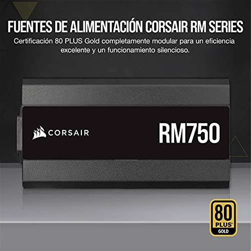 Corsair RM750 2021, RM Series, 750 Watts 80 Plus Gold Fuente de Alimentación ATX Totalmente Modular, Conectores Triples EPS12V, Poco Ruido, Modo de Zero RPM, Condensadores de 105 °C, Negro