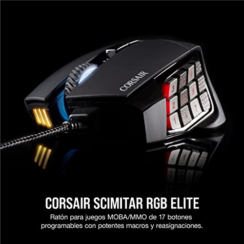 Corsair Scimitar Elite RGB Óptico MOBA/MMO Ratón para Juegos, 18.000 PPP Óptico Sensor, 17 Botones Programables, Retroiluminación RGB Dinámica en Cuatro Zonas, Forma Contorneada, Color Negro