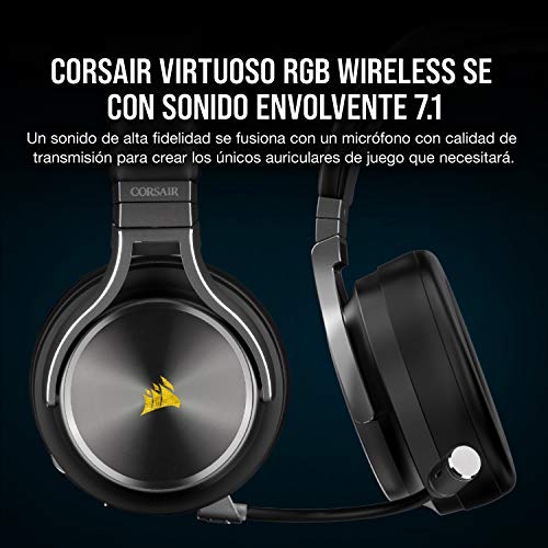 Corsair VIRTUOSO RGB WIRELESS SE, Auriculares para Juegos de Alta Fidelidad, Envolvente e Inmersivo 7.1, Micrófono Extraíble y Omnidireccional, para PC, PS4, Switch y Móviles, Gris (Plomo)