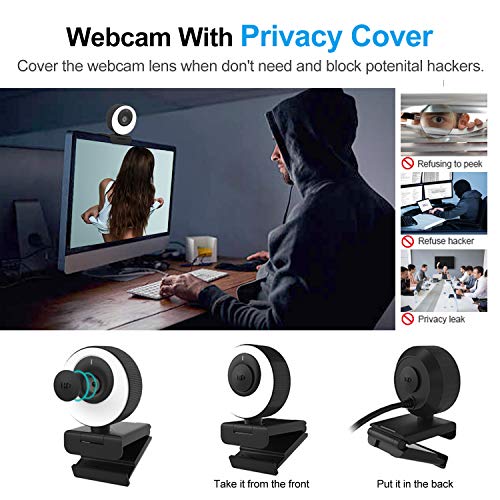 COSHIP Webcam 1080P/60fps Micrófono Estéreo y Anillo de Luz, Enfoque Automático, Tapa de Privacidad, Cámara Web para para Skype, Zoom, XSplit, Xbox One, Conferencia, Compatible con Windows, Mac