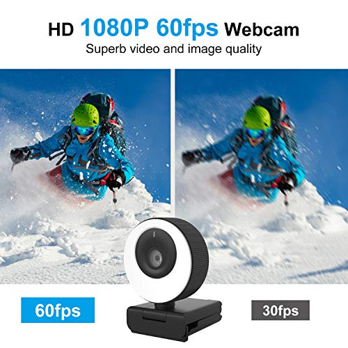 COSHIP Webcam 1080P/60fps Micrófono Estéreo y Anillo de Luz, Enfoque Automático, Tapa de Privacidad, Cámara Web para para Skype, Zoom, XSplit, Xbox One, Conferencia, Compatible con Windows, Mac