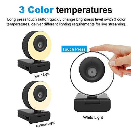 COSHIP Webcam 1080P/60fps Micrófono Estéreo y Anillo de Luz, Enfoque Automático, Tapa de Privacidad, Cámara Web para para Skype, Zoom, XSplit, Xbox One, Conferencia, Compatible con Windows, Mac