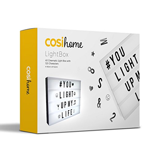 Cosi Home Caja de luz A3 con 100 Letras y Símbolos, Conexión USB o Pilas. Cartel Luminoso LED Para Mensajes Personalizados, Decoración de Habitación, Regalo Original