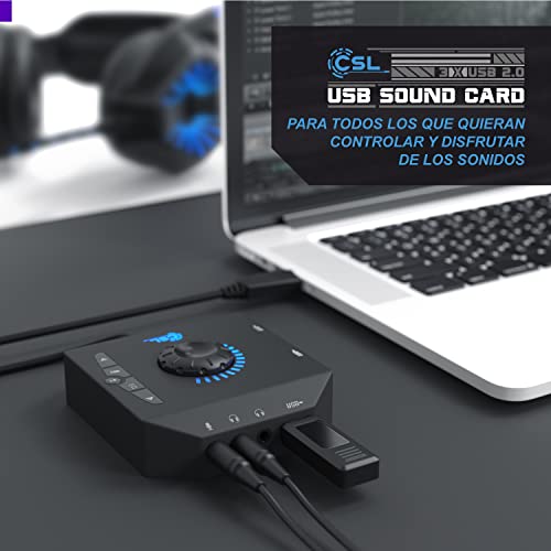 CSL - Tarjeta de Sonido Externa USB - Tarjeta de Sonido con Control de Volumen - concentrador USB - Conexión para Auriculares, Cascos, micrófonos - Ecualizador - Control de un Reproductor de Sonido