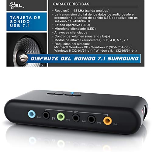 CSL - Tarjeta de Sonido USB 7.1 Externa 8 Canales - Canal 7.1 USB Soundbox - Dynamic 3D Surround Sound - para hasta 8 Altavoces - grabación reproducción simultánea - para Audio analógicos y Digitales