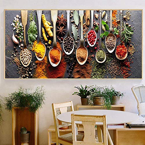 Cuadro Pared Cocina Motivo Arte De La Pared Decoración Especias Y Cucharas De Colores En La Mesa Arte En Lienzo Alimentos Ingredientes Para Cocinar Arte En Lienzo Sin Marco 50x100cm （20 "× 40"）