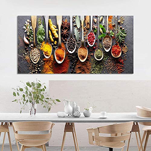 Cuadro Pared Cocina Motivo Arte De La Pared Decoración Especias Y Cucharas De Colores En La Mesa Arte En Lienzo Alimentos Ingredientes Para Cocinar Arte En Lienzo Sin Marco 50x100cm （20 "× 40"）