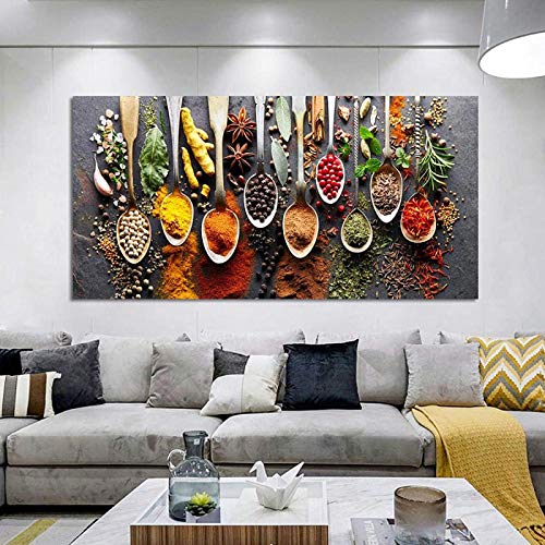 Cuadro Pared Cocina Motivo Arte De La Pared Decoración Especias Y Cucharas De Colores En La Mesa Arte En Lienzo Alimentos Ingredientes Para Cocinar Arte En Lienzo Sin Marco 50x100cm （20 "× 40"）