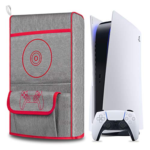 Cubierta Antipolvo para PS5,Funda Protectora para Sony Playstation 5,Antiarañazos a Prueba de Agua,Soporte para PS5,Controladores y 12 Discos de Juegos (Rojo)