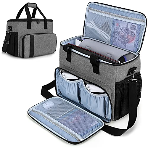 CURMIO Bolsa PS5, Bolsa Transporte PS5, Estuche para PS5, Bolsa de Viaje Compatible con PS5, PS4, PS4 Pro, Bolsa Consola, Controladores, Juegos y Accesorios,Gris(Sólo Bolsa, Diseño de Patentes)