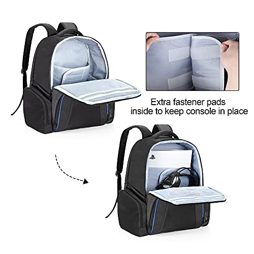 CURMIO Mochilla para Consola de Juegos Compatible con PS5, PS4 and PS4 Pro, Bolsa de Viaje para PS5, Funda Transporte para PS5, Controladores, Juegos y Accesorios, Azul(Sola Bolsa, Diseño de Patentes)