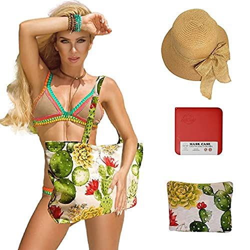 Cussi - Bolsa de Playa y Compra Grande XXL. Tote Bag de Tela Estampada + 1 Pouch a juego y 1 Sombrero de Playa (Cactus)
