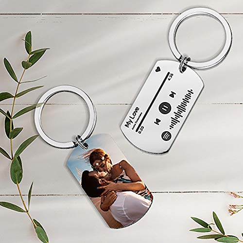 Custom Photo Keychain with Spotify Code Personalised Song & Singer Keyring Pendant Laser Engrave Stainless Steel Personalised Gift for Mother's Day Father's Day School Season Valentine Day Christmas