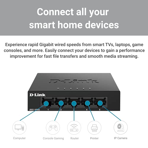 D-Link DGS-105GL Switch Gigabit 5 Puertos, sin gestión, 1000 megas por Puerto, Ethernet LAN, RJ-45, Plug&Play, Perfil bajo, metálico, conmutador, hub, sobremesa, sin Ventiladores, 802.3az EEE