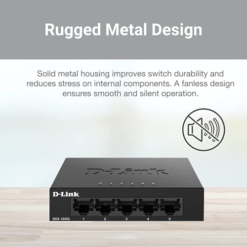 D-Link DGS-105GL Switch Gigabit 5 Puertos, sin gestión, 1000 megas por Puerto, Ethernet LAN, RJ-45, Plug&Play, Perfil bajo, metálico, conmutador, hub, sobremesa, sin Ventiladores, 802.3az EEE