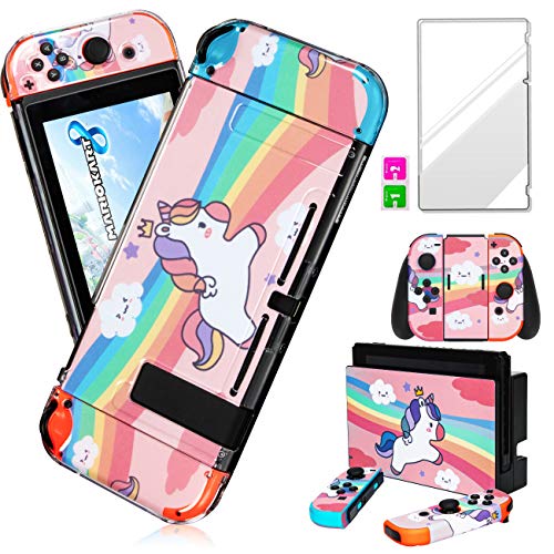 Darrnew - Skin de unicornio rosa para Nintendo Switch, diseño de dibujos animados lindos y divertidos, diseño divertido y moderno + película de vidrio templado para Nintendo Switch