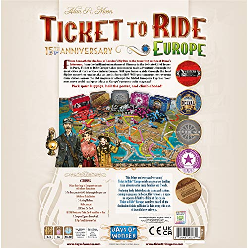 Days of Wonder | Ticket to Ride Europe Juego de Mesa 15 Aniversario Edición Deluxe | Edades 8+ | para 2 a 5 Jugadores | Tiempo de Juego Promedio 30-60 Minutos