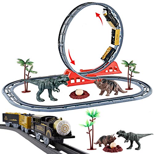 deAO Parque Jurásico Vías de Tren en el Mundo de los Dinosaurios Conjunto Infantil Incluye Circuito con Lazo Doble, Tren Electrónico y Accesorios de Carril