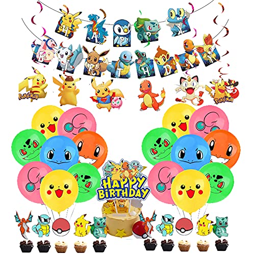 Decoración de Cumpleaños Pikachu Globos de Fiesta Pancarta de Feliz Cumpleaños Adorno para Tarta Remolinos Colgantes para Niños Pikachu Suministros de Fiesta de Cumpleaños Decoracion