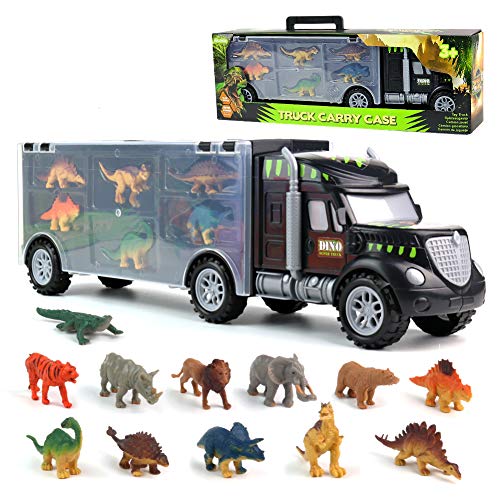 Dinosaurio del Juguete Camión de Transporte Transportador Coches con 12 Figuras de Juego de Dinosaurios de Dinosaurio Plásticos Educativo Juguete para Niños (Tamaño del camión: 39 cm * 8,5 cm * 12 cm)