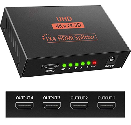 Divisor HDMI 1 Entrada 4 Salida 3D 4K 1080P Distribuidor HDMI Divisor 1 x 4 HDCP 1.4 Amplificador de distribución HDMI con Cable USB Compatible con PC PS3 HDTV Proyector BLU-Ray DVD