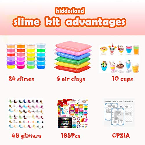DIY Slime Kit - 24 Colores Kit de Slime Esponjoso con 48 brillantinas, Suministros de Slime Claro para niños, Incluye Arcilla Seca al Aire, rebanadas de Frutas y Herramientas