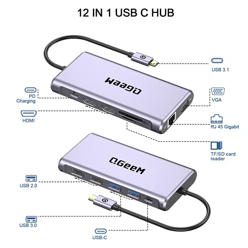 Docking Station USB C, QGeeM 12 en 1 Triple Display Hub, USB C Hub con 4K Dual HDMI, 1080P VGA,100W PD, Ethernet,USB C to USB 3.0,Lector de Tarjetas,Datos USB-C compatibles con MacBook,USB C Dock