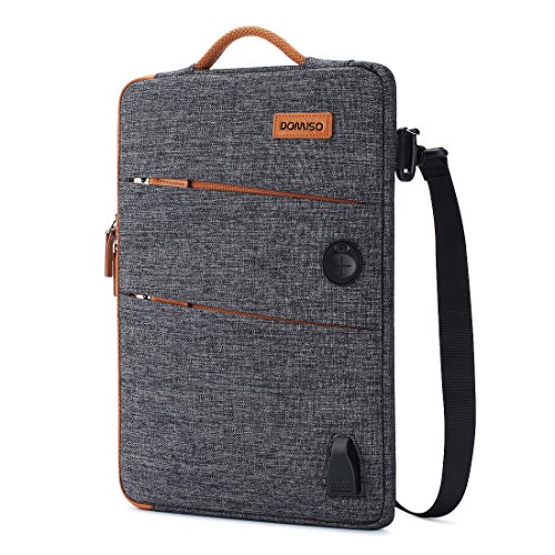 DOMISO 14 Pulgadas Funda Protectora Bolso de Bandolera para Ordenadores Portatiles Tableta 14 Pulgadas/Ultrabook/Apple/Lenovo/Acer/ASUS/HP/DELL/Toshiba, con Puerto de Carga USB, Gris Oscuro