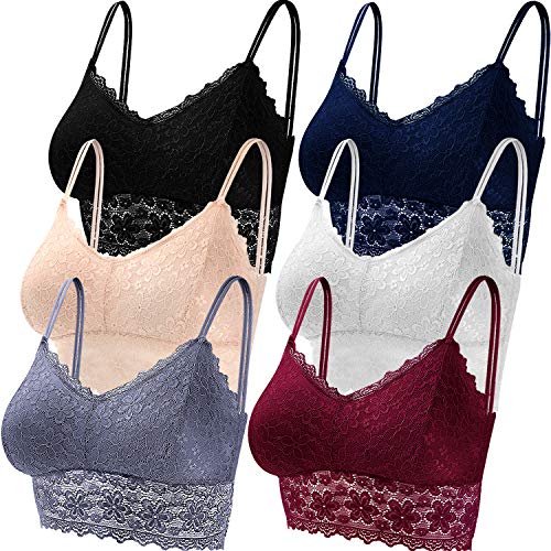 Duufin 6 Piezas Sujetador de Encaje Tipo Bralette para Mujer, 6 Colores (Negro, Beige, Blanco, Azul Marino, Gris y Burdeos, XL)