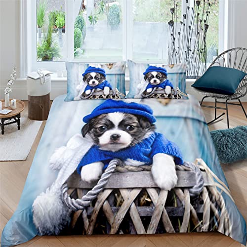 Duvet Cover 3D Pattern Printed Bedding Set Lightweight Microfiber Comforter Sets with Zipper Closure and 2 Pillowcases,Quilt Cover Set 3 Pcs for Adults Blue Hat Dog