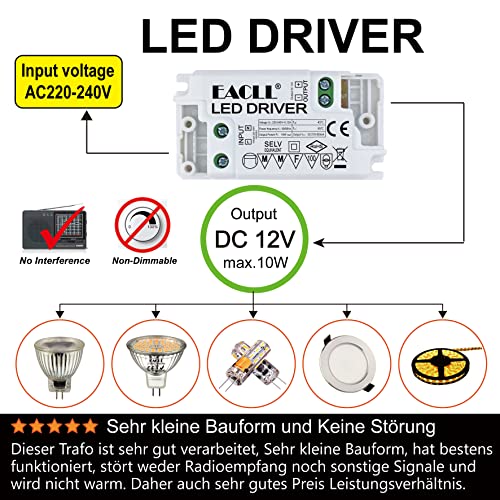 EACLL Transformador LED AC 240V a DC 12V 850mA 10W, Pack de 2, Para drive de Menos de 10W MR11 G4 MR16 GU5.3 Bombillas LED y Tiras de Luz LED, Adaptador de Lámpara LED, Mini Controlador Alimentación