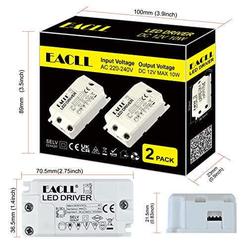 EACLL Transformador LED AC 240V a DC 12V 850mA 10W, Pack de 2, Para drive de Menos de 10W MR11 G4 MR16 GU5.3 Bombillas LED y Tiras de Luz LED, Adaptador de Lámpara LED, Mini Controlador Alimentación