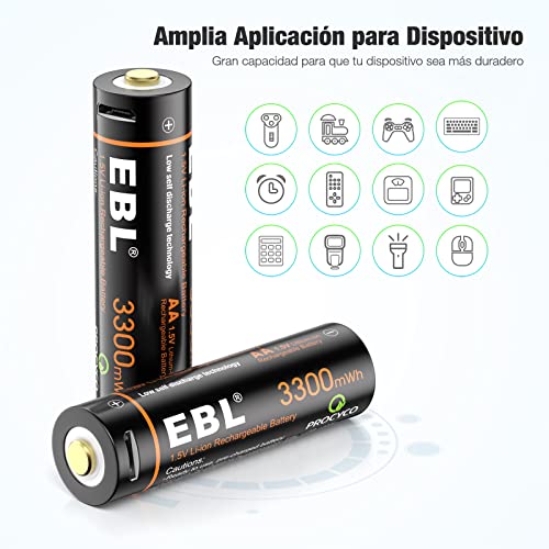 EBL Pilas Recargables AA 3300mWh Alta Capacidad con Micro USB, Pilas AA Precarga y Baja Autodescarga Pilas 3300mWh (NO 3300mAh)
