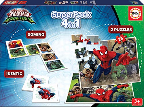 Educa - Superpack juegos Spiderman vs Sinister 6, contiene 2 puzzles, 1 juego de memoria y 1 domino, a partir de 3 años (17197)