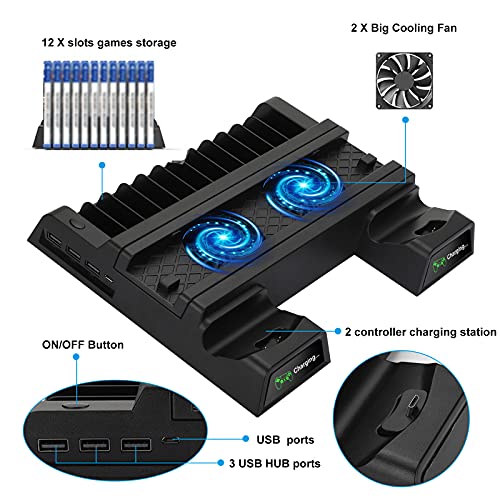 EEEKit Ventilador de refrigeración para PS4, Soporte Vertical con 2 Estaciones de Carga del Controlador y 12 Almacenamiento de Juegos Compatible con Playstation PS4, PS4 Slim, PS4 Pro