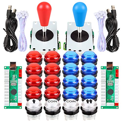 EG STARTS 2 Piezas de Arcade LED para Jugadores DIY Codificador USB 2X Elipse Óvalo Joystick de Estilo 20x Botones de Arcade LED para PC Sistema de Windows Raspberry Pi MAME (Rojo & Azul)