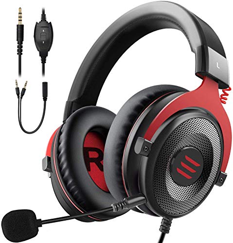 EKSA E900 Auriculares para juegos para PC PS4 Xbox One Auriculares para juegos con micrófono de reducción de ruido desmontable para computadora portátil Mac Teléfono móvil Tableta (rojo)