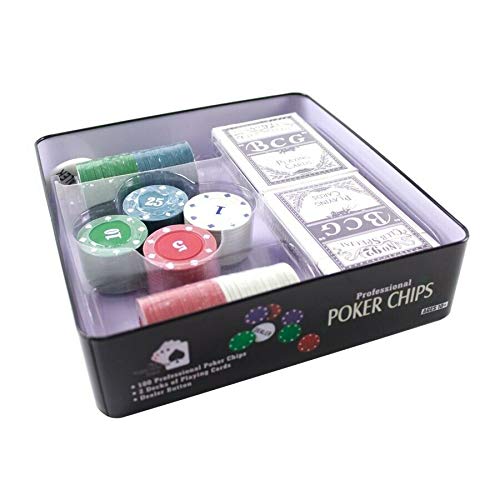 elaela Set de póker con Caja de Metal, 100 fichas +2 Barajas de Cartas+Ficha Dealer.