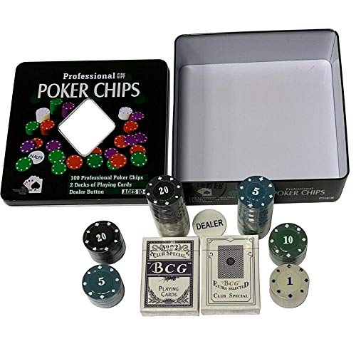 elaela Set de póker con Caja de Metal, 100 fichas +2 Barajas de Cartas+Ficha Dealer.