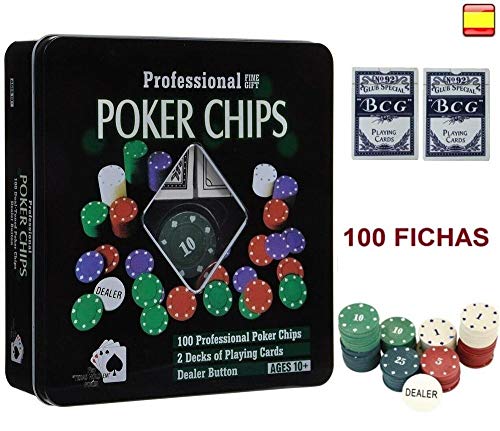 elaela Set de póker con Caja de Metal, 100 fichas +2 Barajas de Cartas+Ficha Dealer.